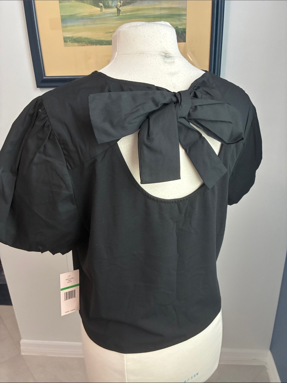 Nanette Lepore Black Puff Sleeve Bow Back Top